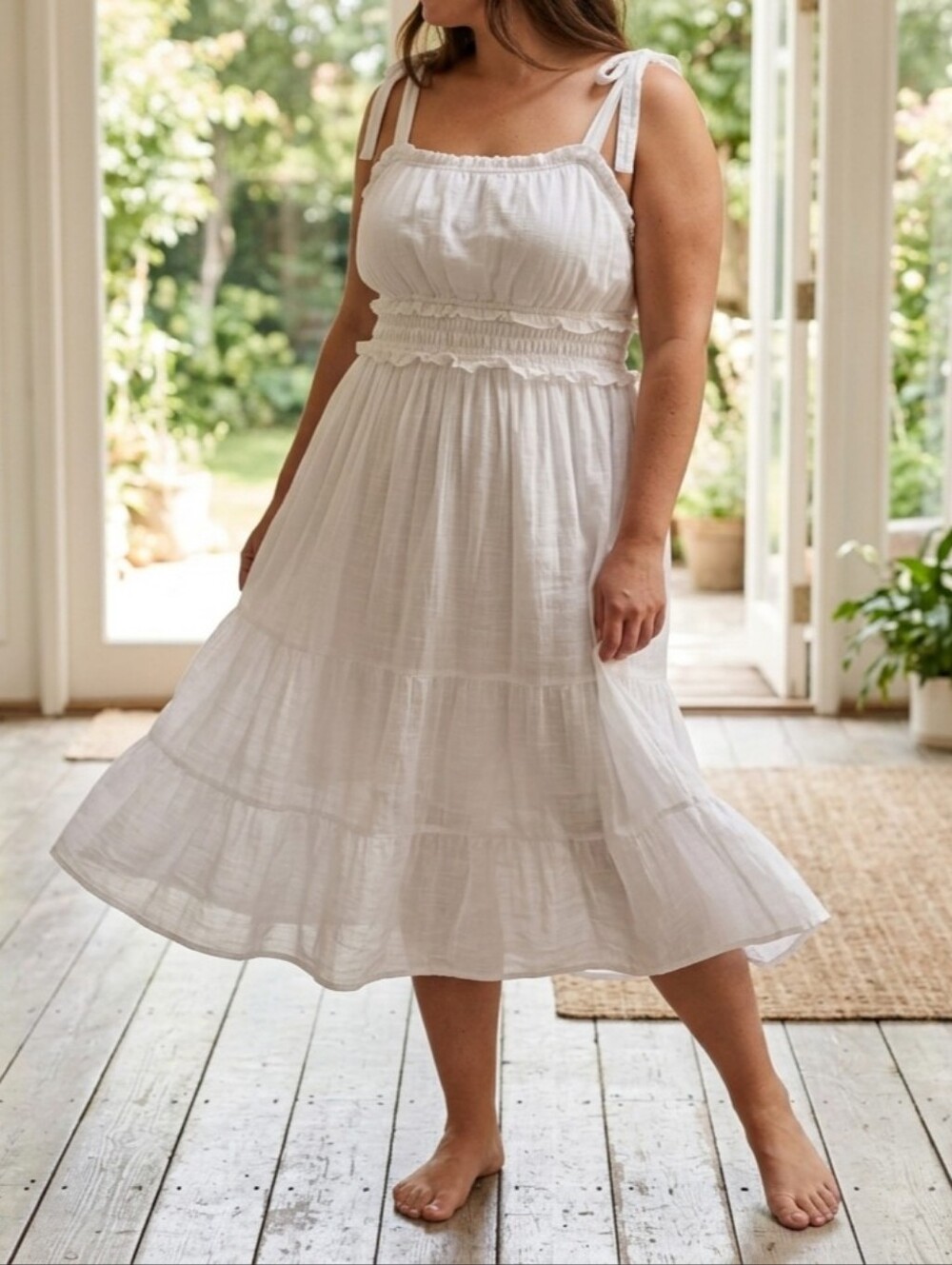 White Summer Dress Breezy Flowy Cottagecore Tiered Lined Shirred Bodice 2X